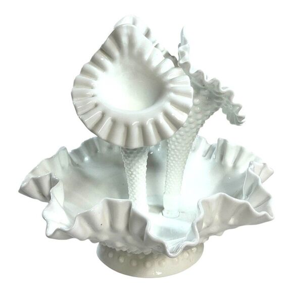 Vintage Fenton Hobnail White Milk Glass Triple Epergne Trumpet Vase REPAIRED - Picture 1 of 7